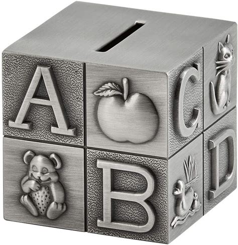 metal engraved keepsake box baby abc|Pewter ABC Block Bank for Kids, Newborn Gift, Silver, 3”x3”x3”, .